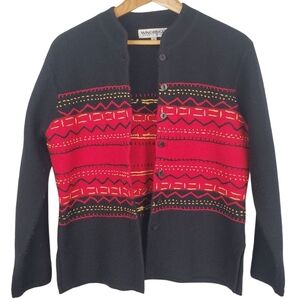 Vntg Windridge Black and Red Patterned Cardigan. 100% Merino Wool. MED. #0164